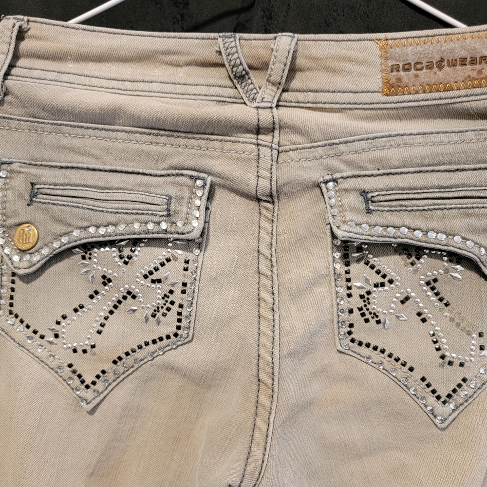 Rocawear Women's Tan Jeans with Embellished Pockets